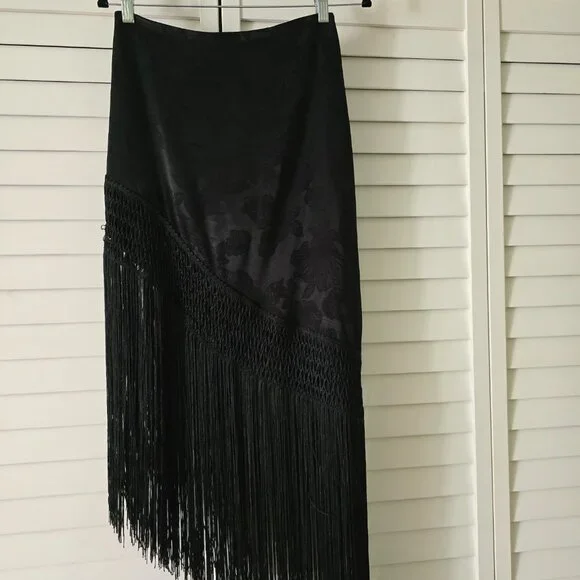 Twelfth Tribe Frankie Black Satin Jacquard Fringe Midi Skirt - Picture 9 of 10